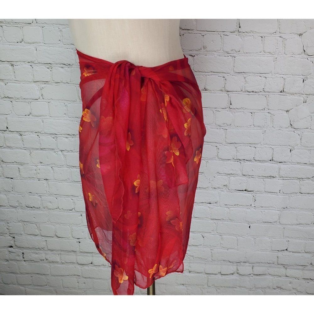 Athena Swimsuit Skirt Cover Up Red Floral Ties Sheer New - Picture 2 of 7